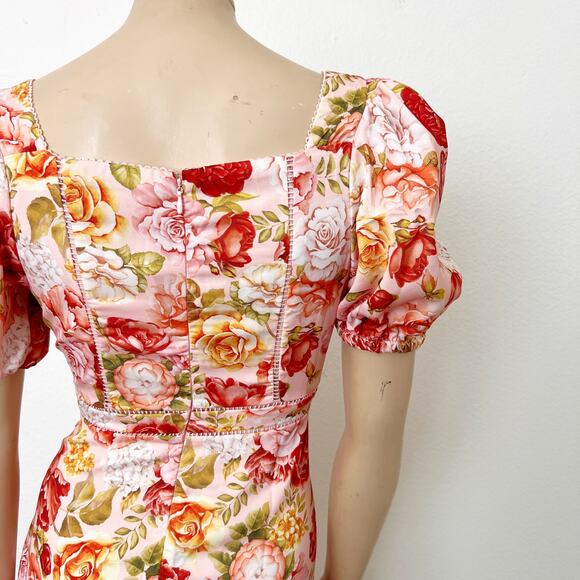 [Rachel Parcell] Pink Rose Floral Puff Sleeve Lace Trim Spring Midi Dress NWT 8 - Picture 5 of 12